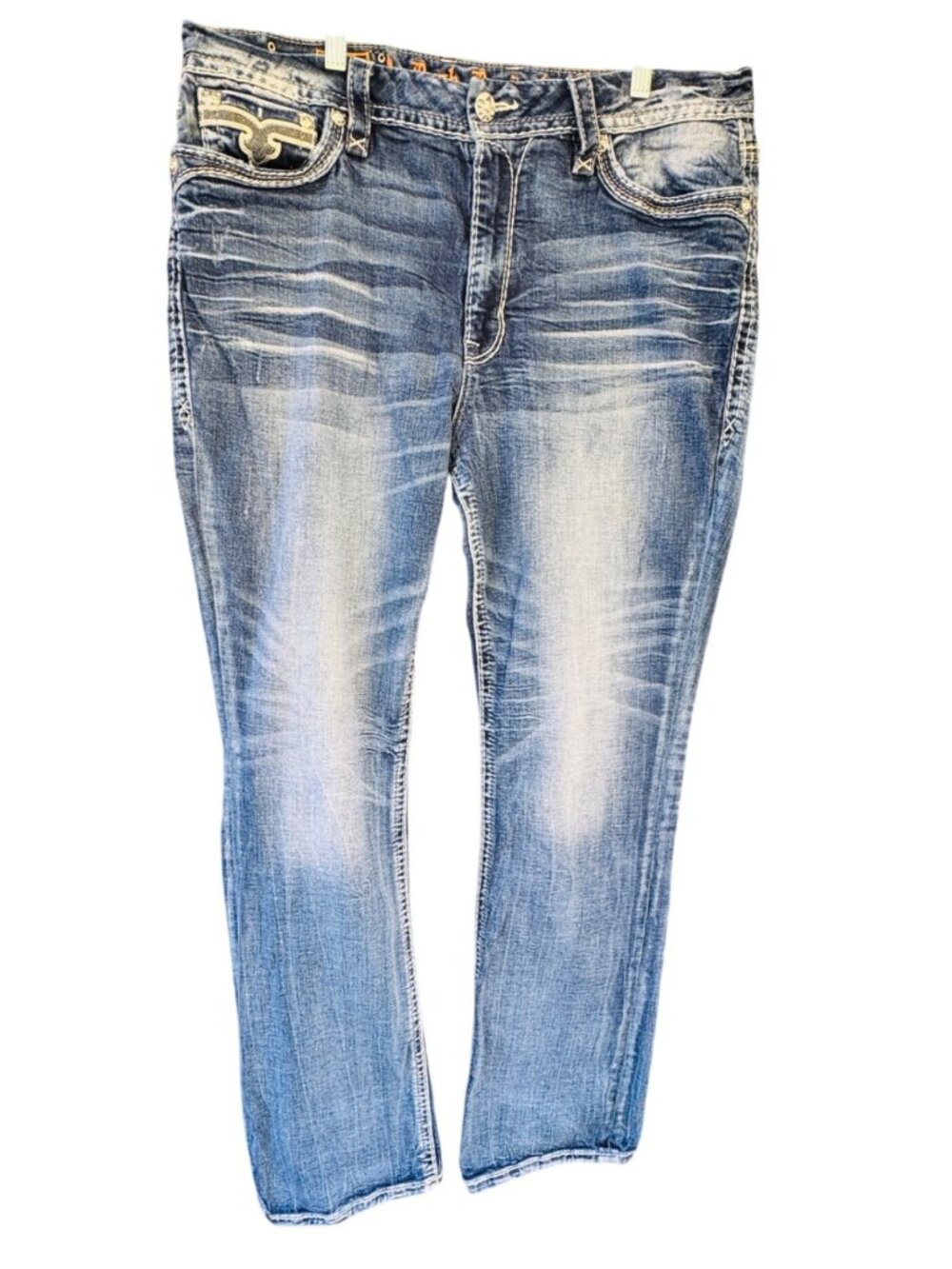 Rock Revival Ash Ross Easy Bootcut Jeans Mens 36x31 Distressed Blue Denim Pants